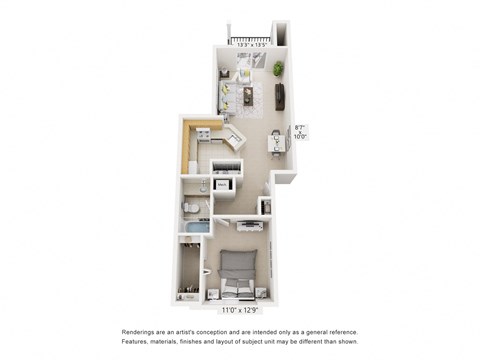 Floor plan for 1 bed, 1 bath, 731 sqft